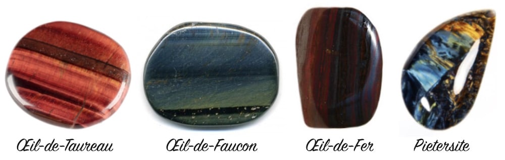 Oeil-de-taureau, oeil-de-faucon, oeil-de-fer et pietersite mises côte à côte